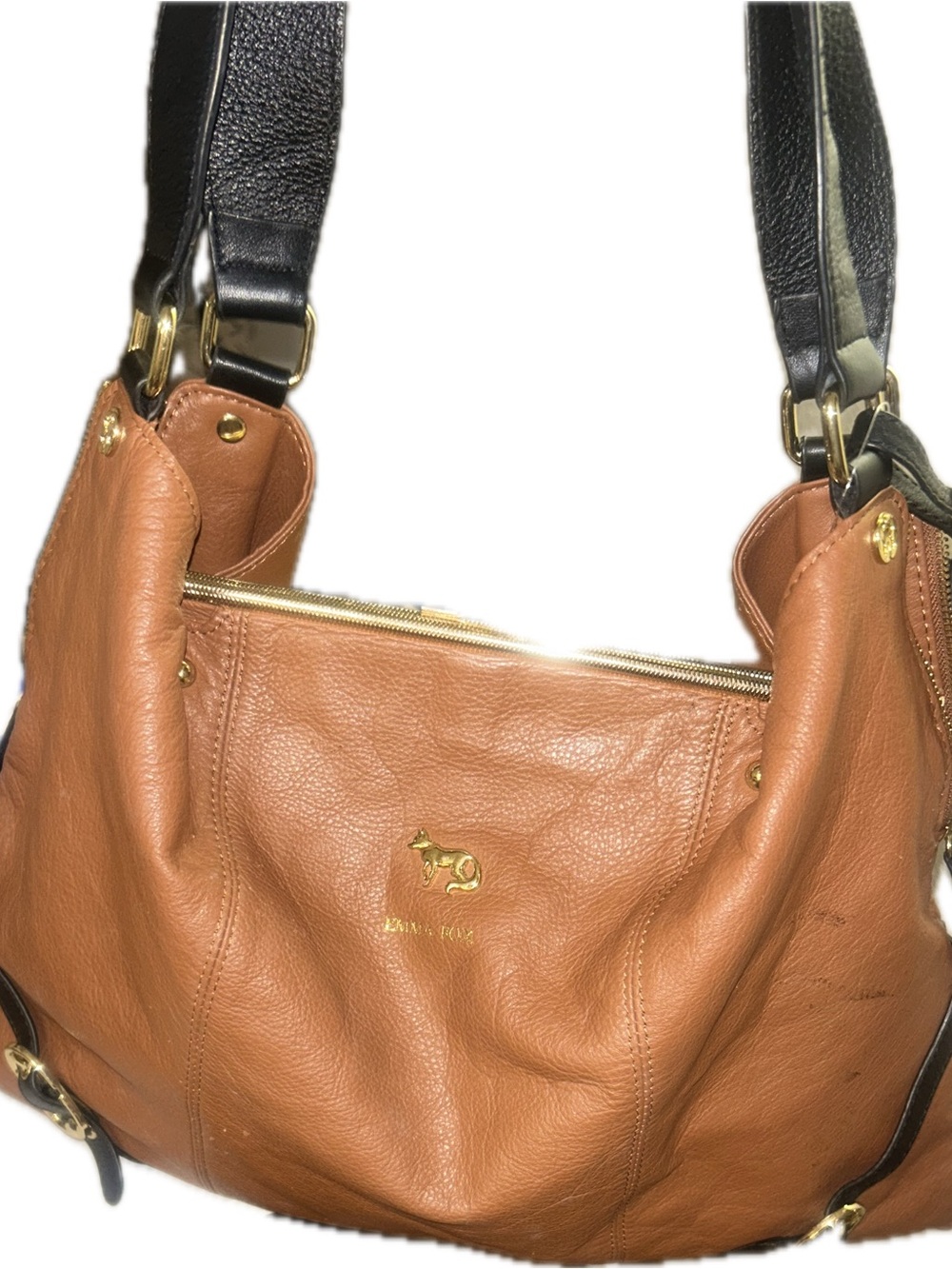 Emma Fox Large Cognac Pebbled Leather Hobo Shoulder Bag Black Trim Gold Hardware - Picture 6 of 13